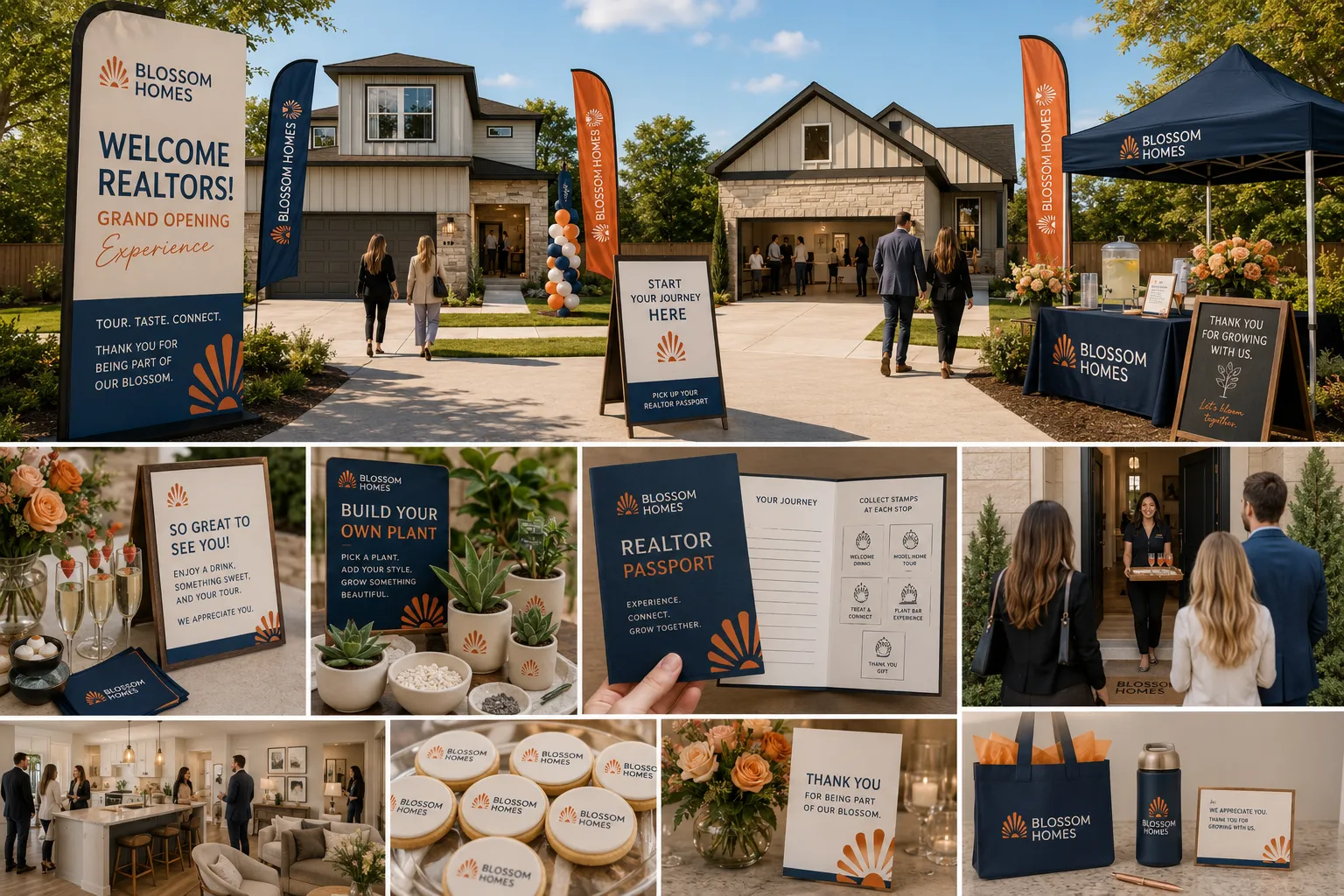 Concept board for the Blossom Homes realtor grand opening: welcome signage, branded flags, realtor passport, plant bar, champagne, cookies and goody bags