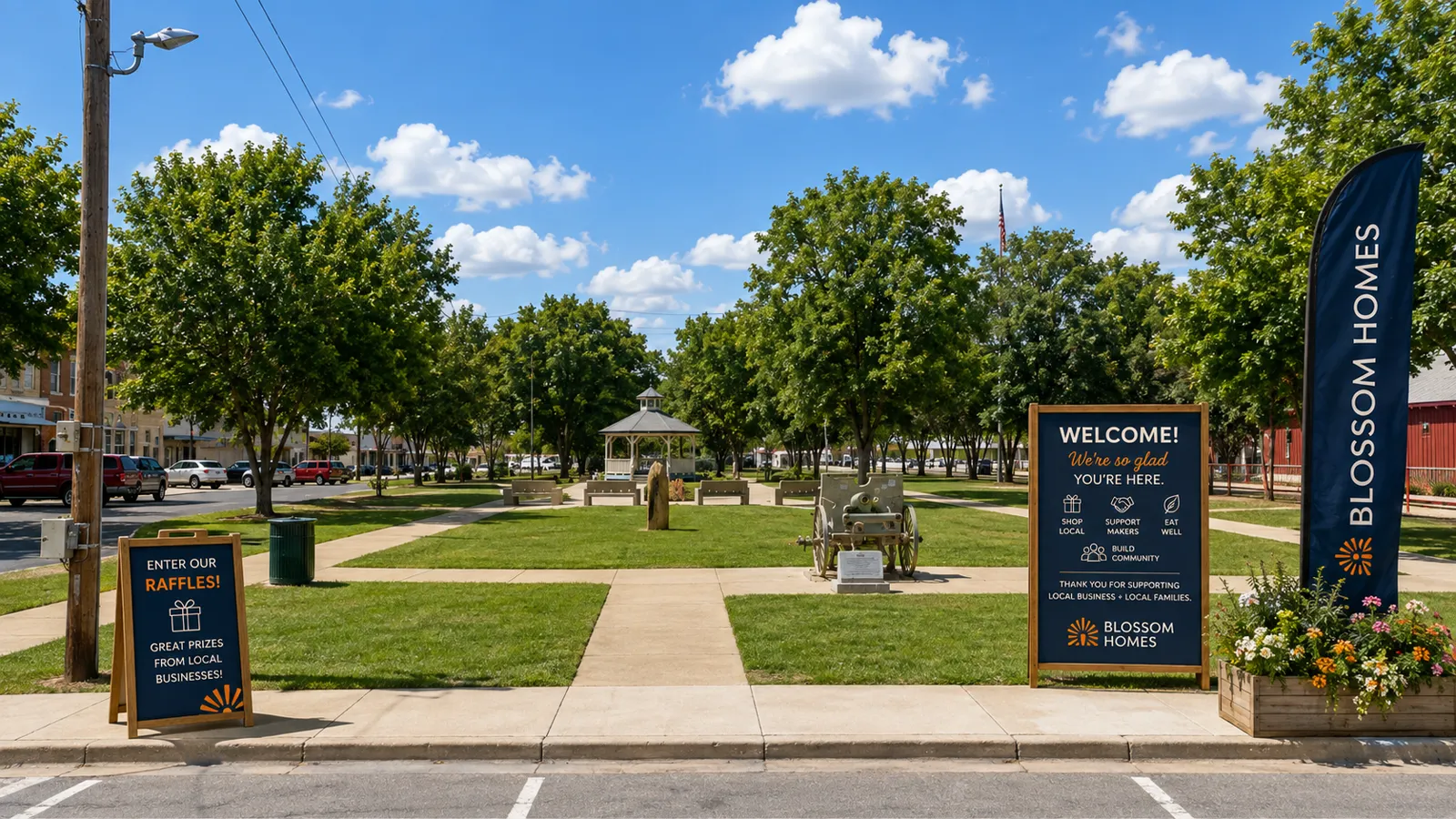 Veterans Memorial Park in Elgin, Texas with Blossom Homes welcome signage, flag banner and the pavilion beyond the open lawn