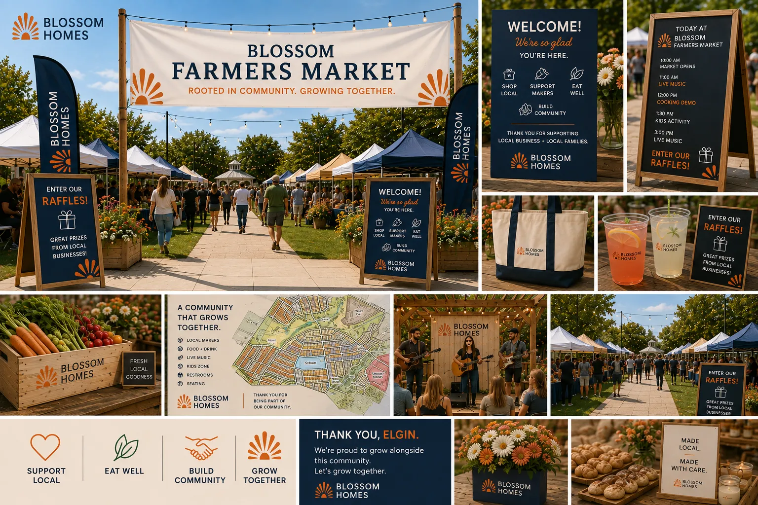 Concept board for the Blossom Farmers Market: entry banner, vendor tents, welcome signage, schedule board, branded totes, drinks, live music and local produce crates