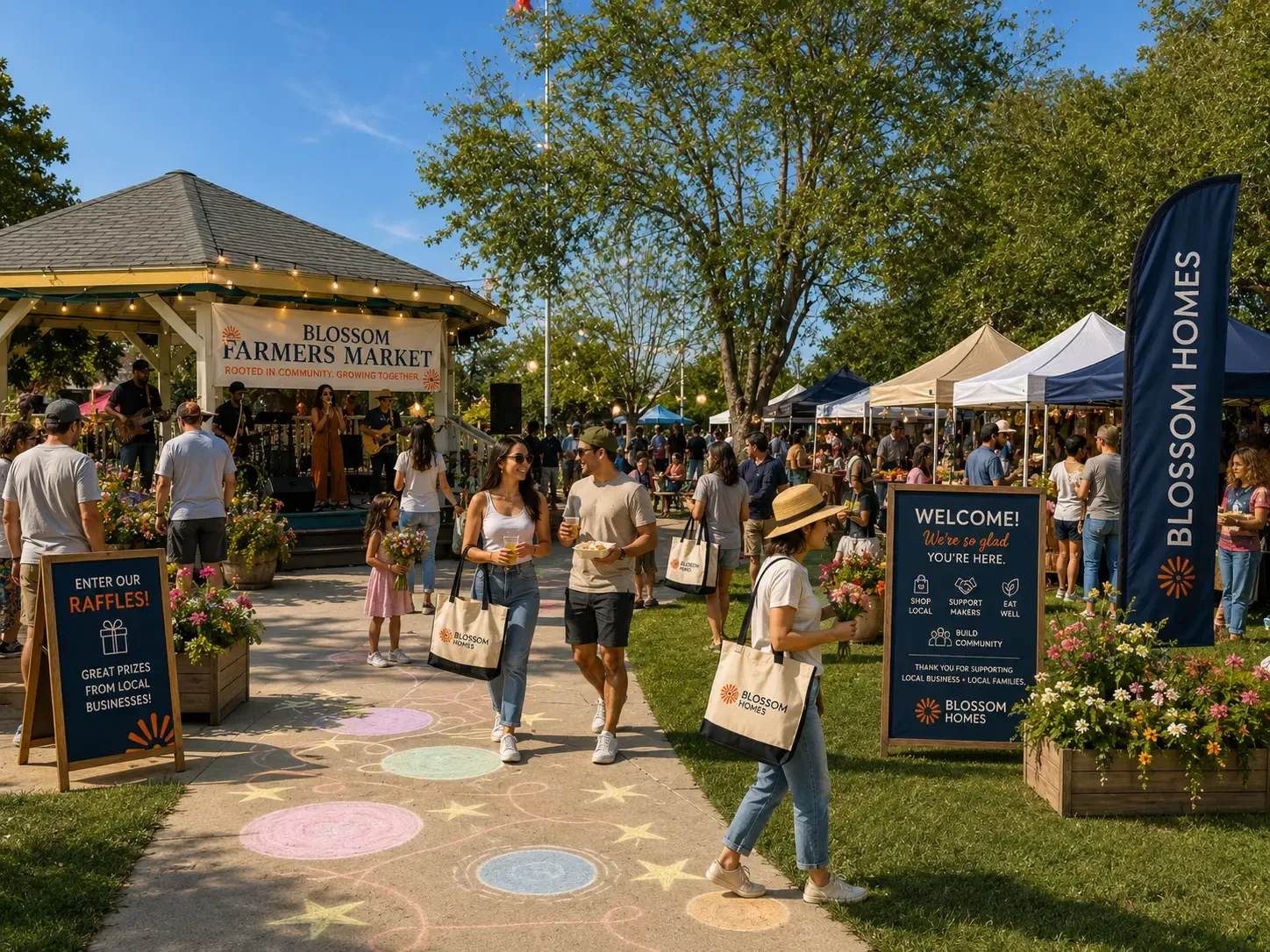 The Blossom Farmers Market in full swing at Veterans Memorial Park in Elgin, Texas, live music in the pavilion, branded tents, welcome signage and families carrying Blossom totes