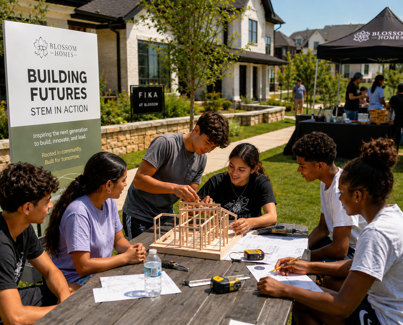 Students gather at a Fika lawn table to build a wooden frame home model with a Building Futures STEM in Action sign nearby